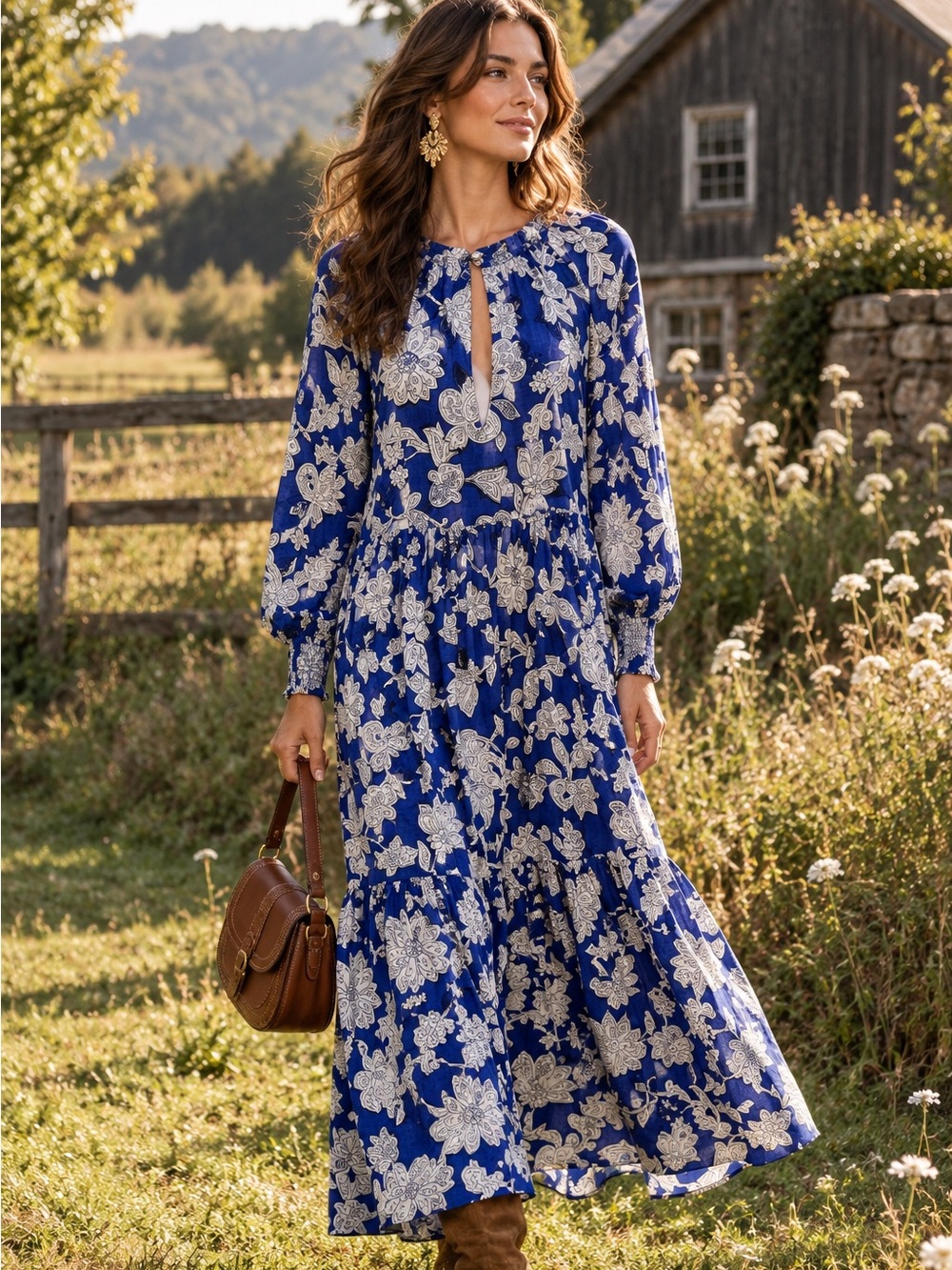 ZARA Bohemian Romantic Cobalt Blue Keyhole Neckline Tiered Maxi Dress, XS